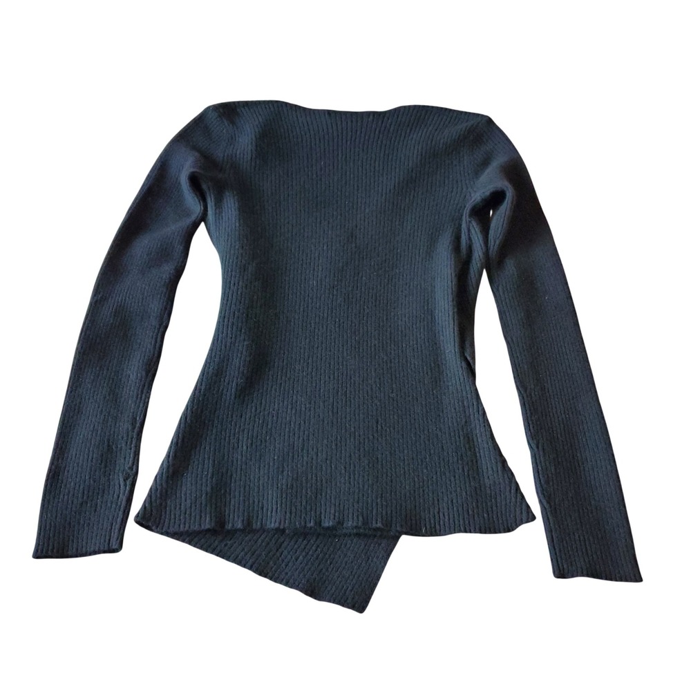 Jenne Maac Black 100% Cashmere Ribbed Wrap V-Neck Asymmetrical Sweater Small - Picture 2 of 8